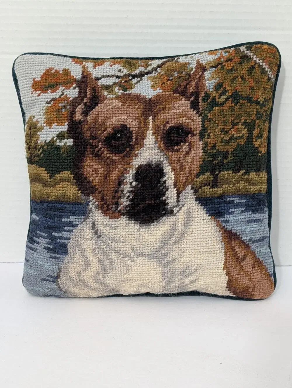 Vintage Pit Bull Terrier Needlepoint Dog Pillow Boxer Brindle Hand Stitched Smal